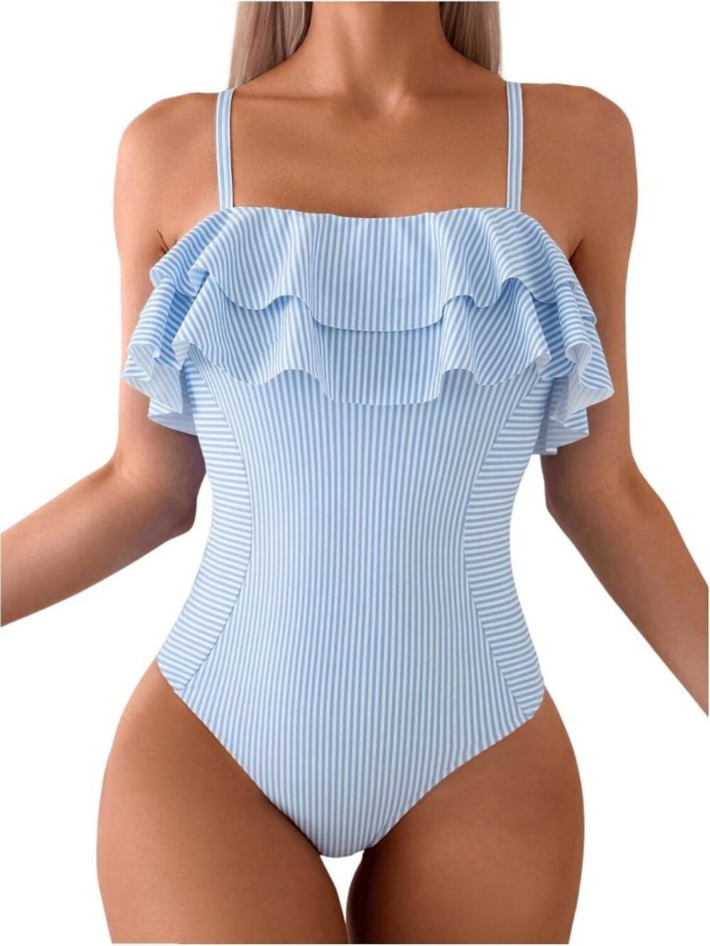 Stylish Ruffle Trim Striped One Piece Monokini Swimsuit for Women - Summer